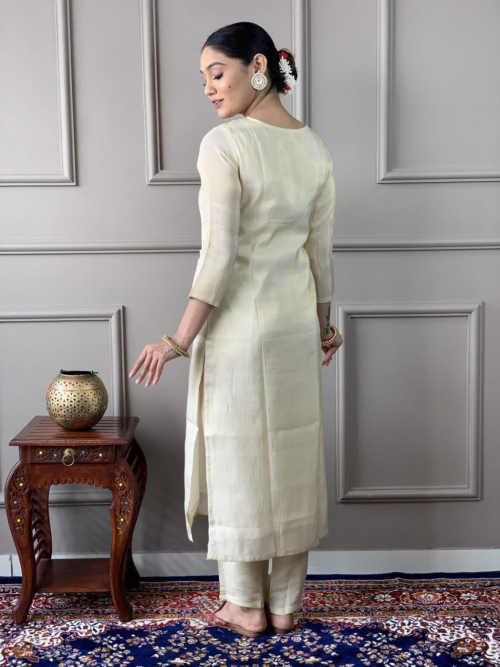 The52 Cream Embroidered Chanderi Silk Fabric Straight Kurta, Pant and Dupatta Set
