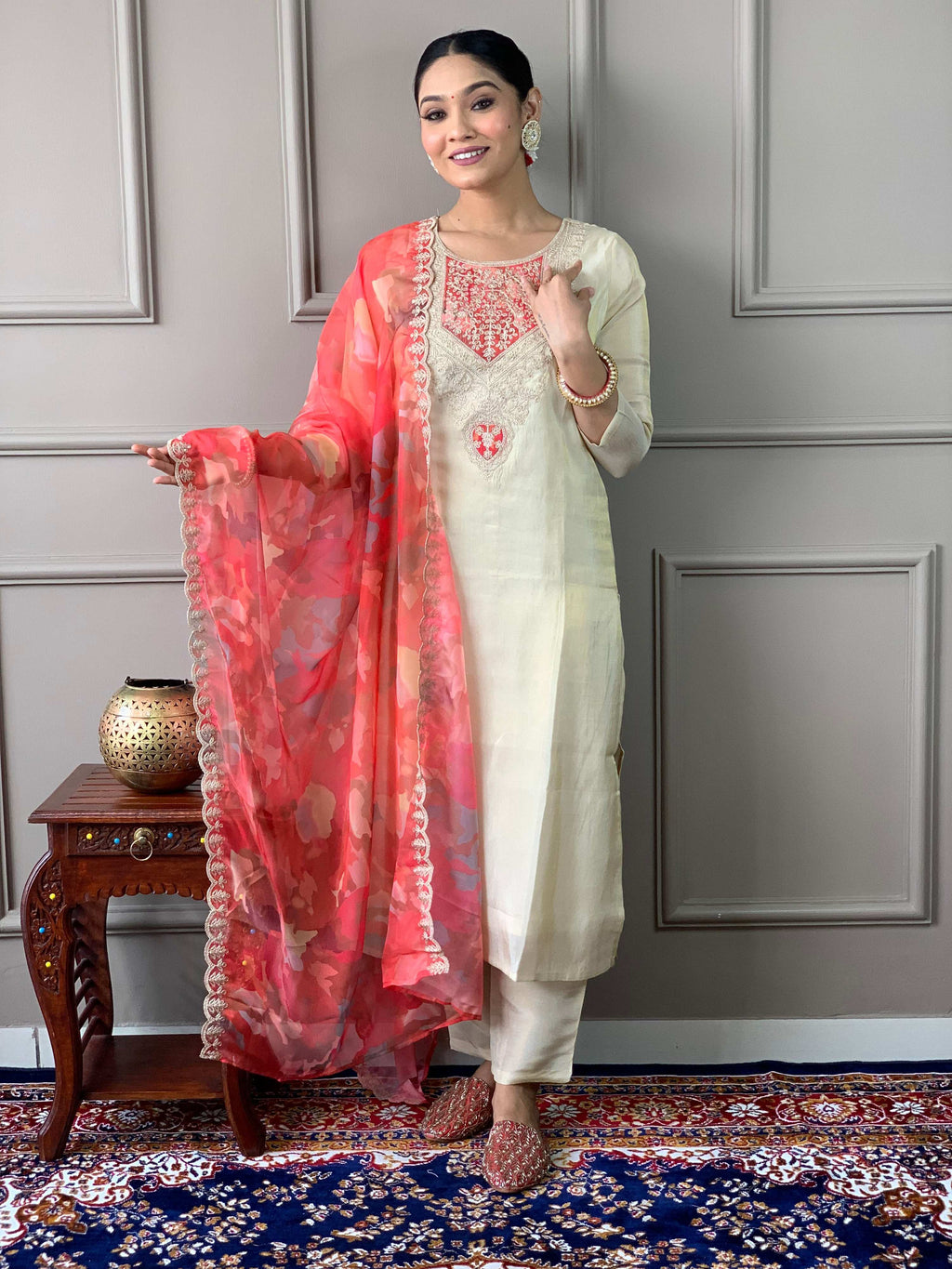 The52 Cream Embroidered Chanderi Silk Fabric Straight Kurta, Pant and Dupatta Set