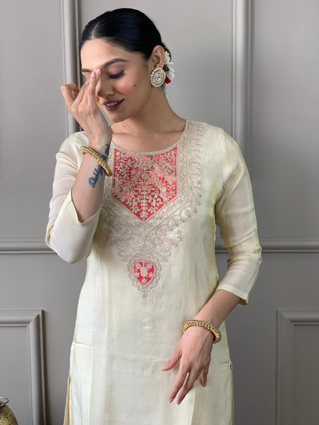 The52 Cream Embroidered Chanderi Silk Fabric Straight Kurta, Pant and Dupatta Set