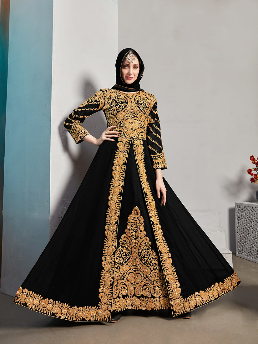 Monjolika Fashion Designer Real Georgette With Embroidered Pakistani Anarkali Suits In Black Color