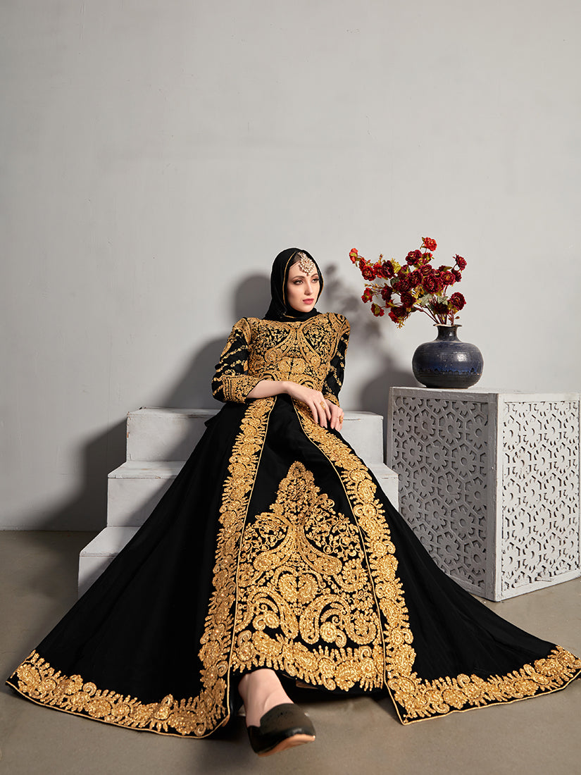 Monjolika Fashion Designer Real Georgette With Embroidered Pakistani Anarkali Suits In Black Color