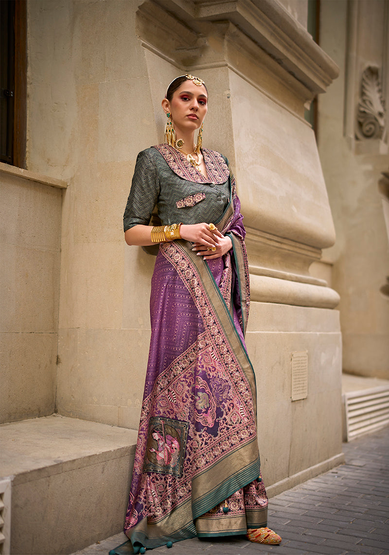 Monjolika Fashion Foil Print Purple Viscose Silk Classic Saree