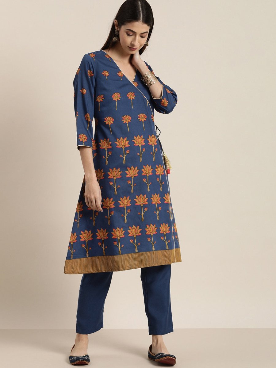 All About You Women Blue Floral Printed Angrakha Kurta with Trousers