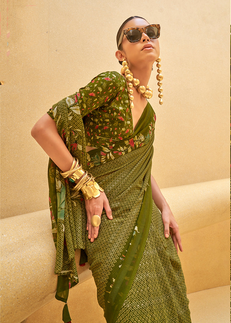 Monjolika Fashion Dark Olive Green Printed Georgette Contemporary Saree