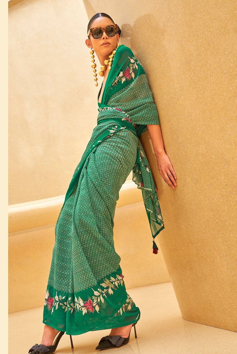 Monjolika Fashion Green Printed Georgette Contemporary Saree