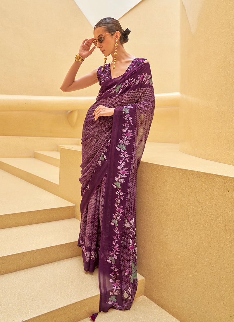 Monjolika Fashion Dark Purple Printed Georgette Contemporary Saree