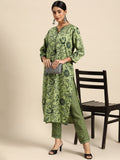 All About You Women Green Ethnic Motifs Printed Kurta with Trousers