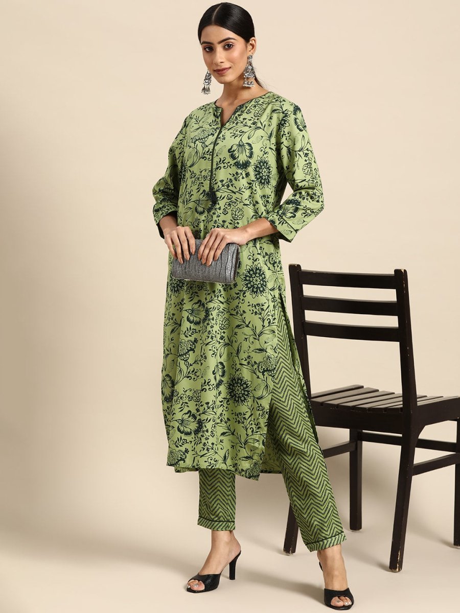 All About You Women Green Ethnic Motifs Printed Kurta with Trousers
