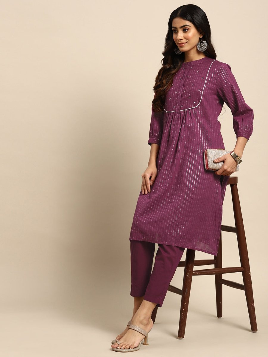 All About You Striped Pleated Sequinned Pure Cotton Kurta with Trousers