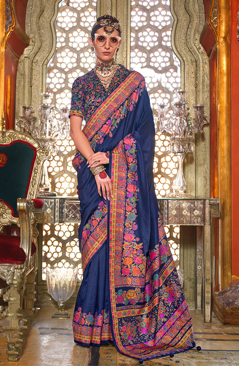 Monjolika Fashion Silk Navy blue Printed Traditional Festival Saree With Blouse