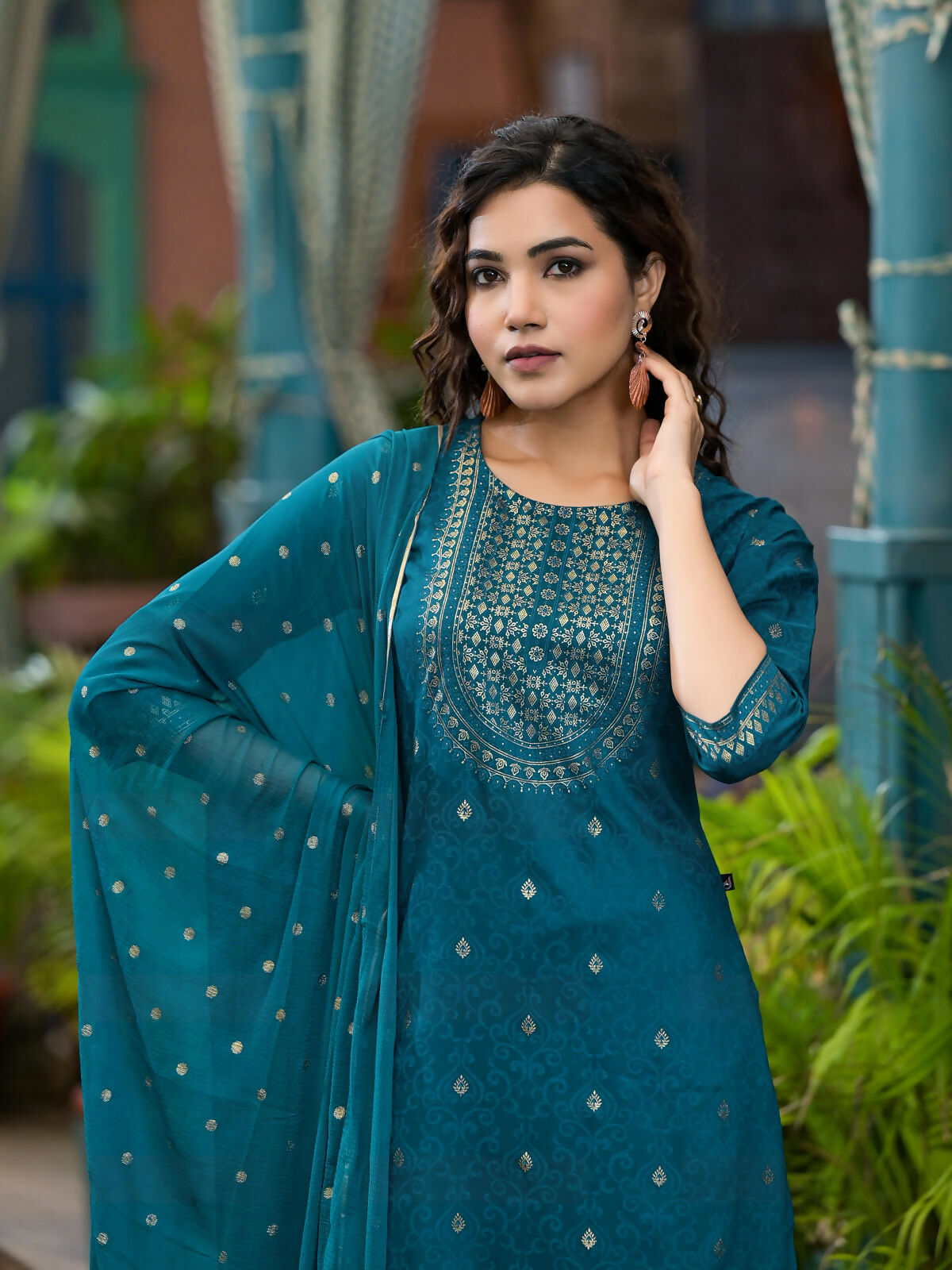 Juniper Women's Blue Ethnic Motif Printed Muslin Kurta Set With Zari Work & Gota Patti