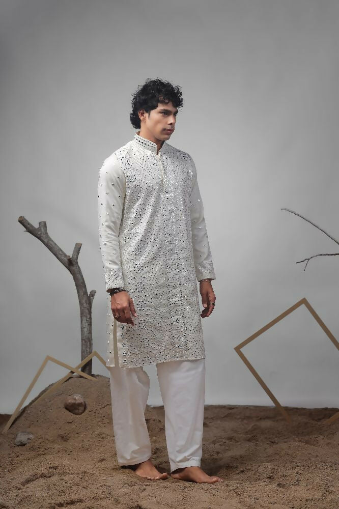 Off White Viscose Heavy Embroidery Work Kurta Set - Mahotsav