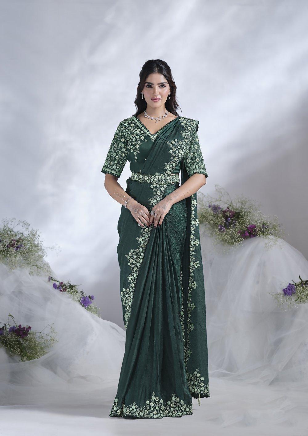 Green Two Tone Satin Silk Designer Ready to wear saree with stithced Blouse - Mohmanthan Aura