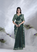Green Two Tone Satin Silk Designer Ready to wear saree with stithced Blouse - Mohmanthan Aura