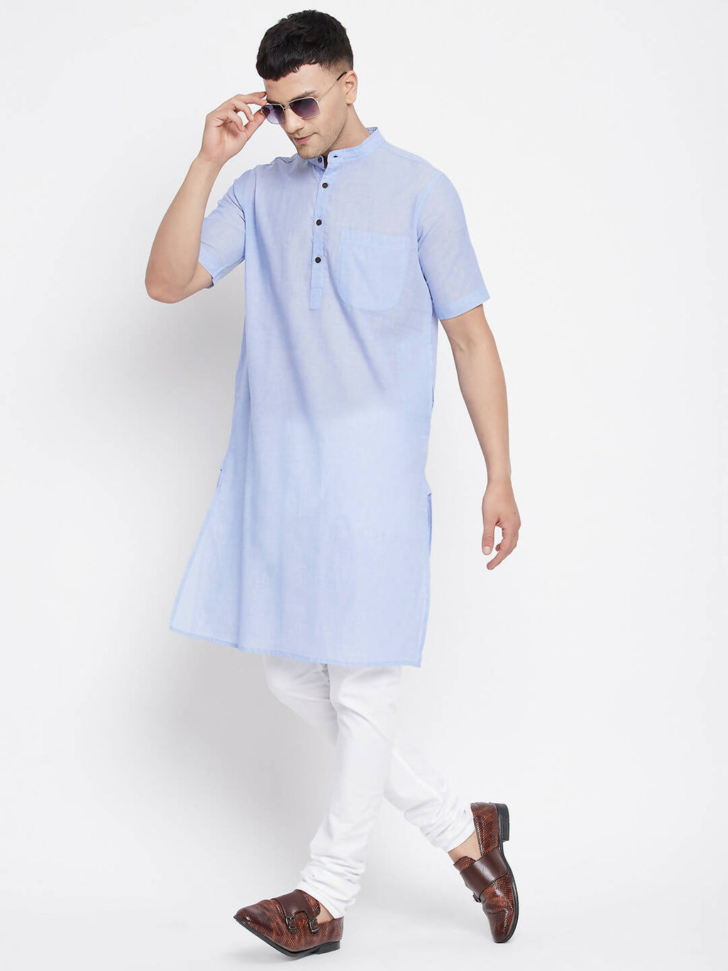 Even Apparels Blue Pure Cotton Men's H/S Kurta With Band Collar