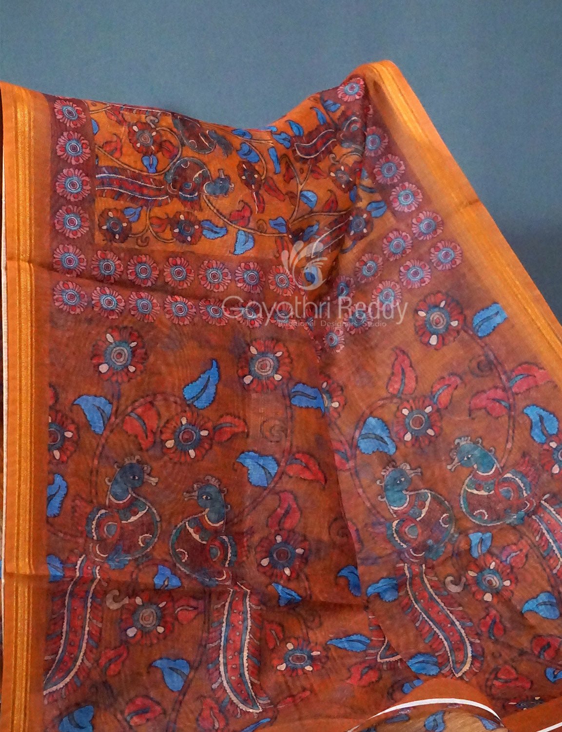 Shades of Mustard Colour Kalamkari Print Semi Chanderi Saree By Gayathri Reddy Designer Studio