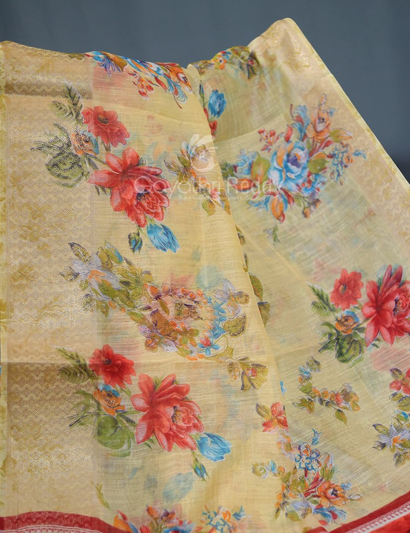 Shades of Light Dry Mehendi With Floral Print Semi Chanderi Saree By Gayathri Reddy Designer Studio