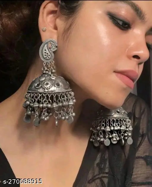 Tehzeeb Creations Women's Black Oxidised Earrings With Ghungroo