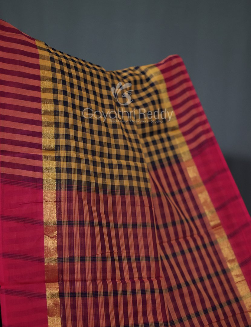 Mustard And Black With Checks Pure Mangalgiri Cotton Saree By Gayathri Reddy Designer Studio