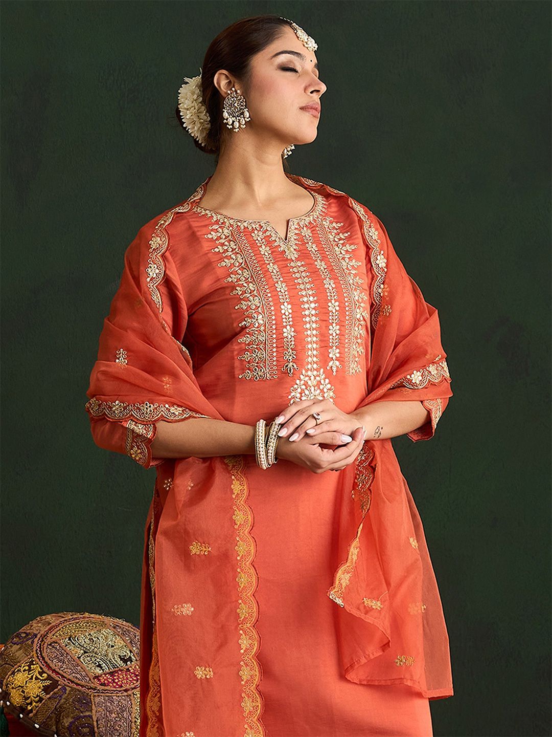 Indo Era Women Ethnic Motifs Embroidered Regular Gotta Patti Kurta with Trousers & With Dupatta