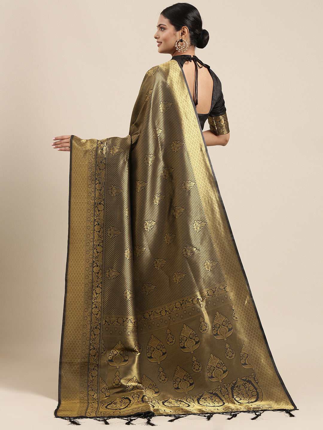 Saree Mall Black & Gold-Toned Ethnic Motifs Zari Silk Blend Banarasi Saree