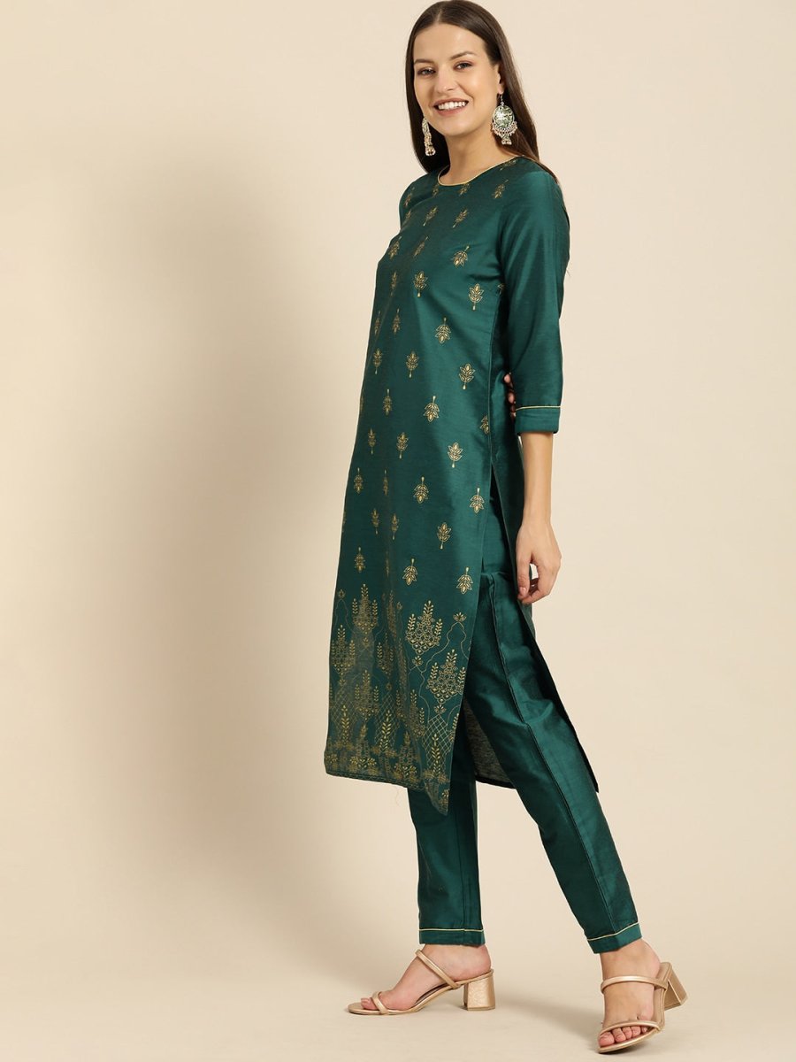 All About You Women Teal Green Ethnic Motifs Kurta with Trousers