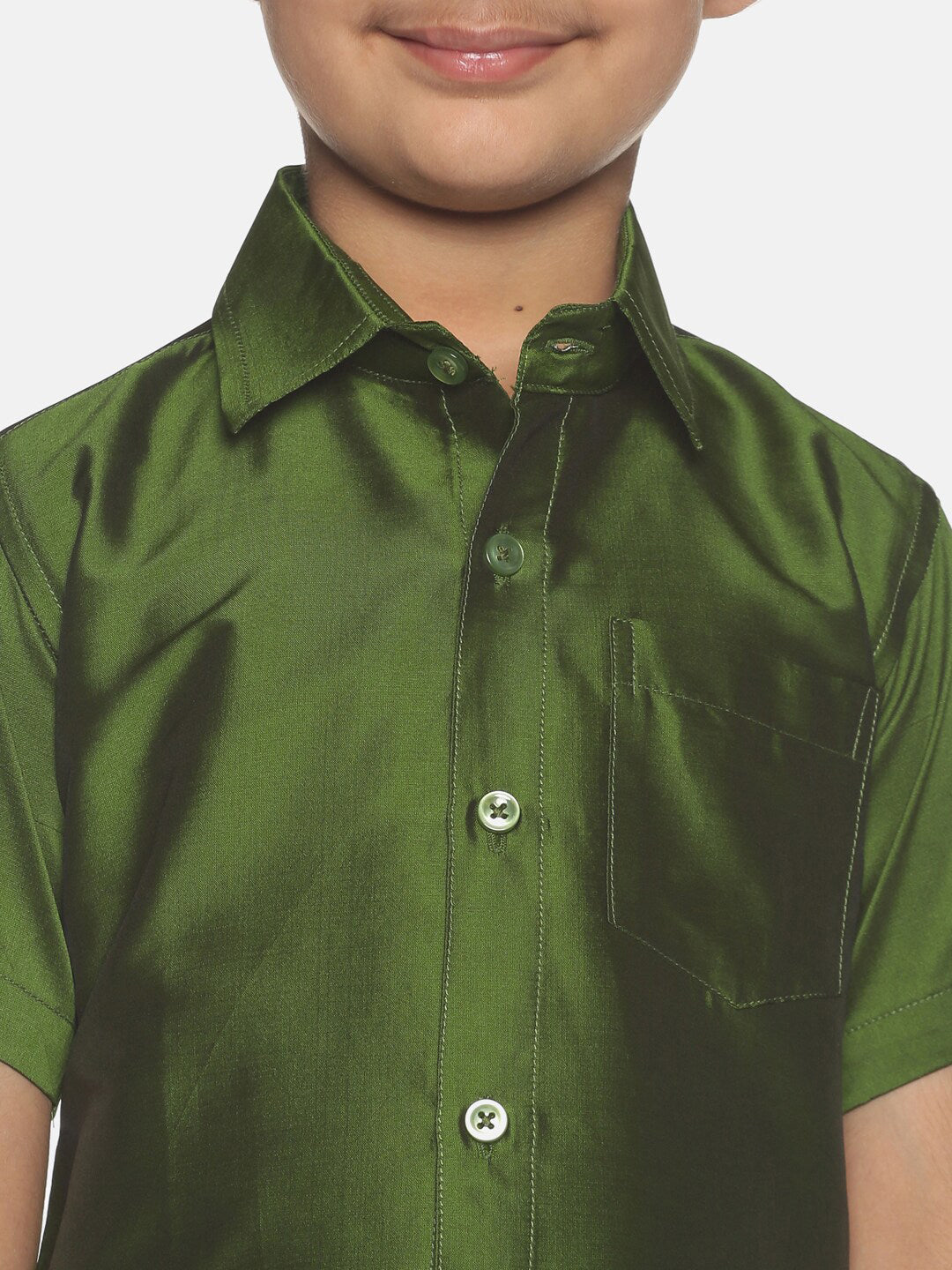 Sethukrishna Olive Green & White Solid Shirt and Veshti For Boys