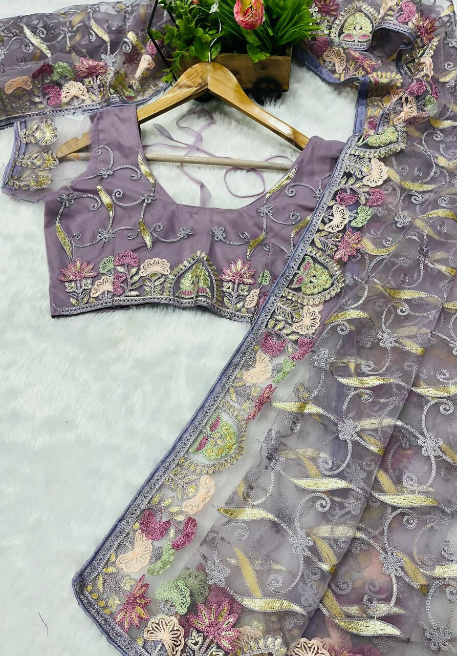 Vastranavya Soft Crush Georgette With Embroidery and Foil Multi Thread Work Saree - Lavender