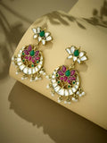 Nuyug 22K Gold-Plated Exquisite Kundan Stone Studded & Pearl Beaded Floral Traditional Chandbalis