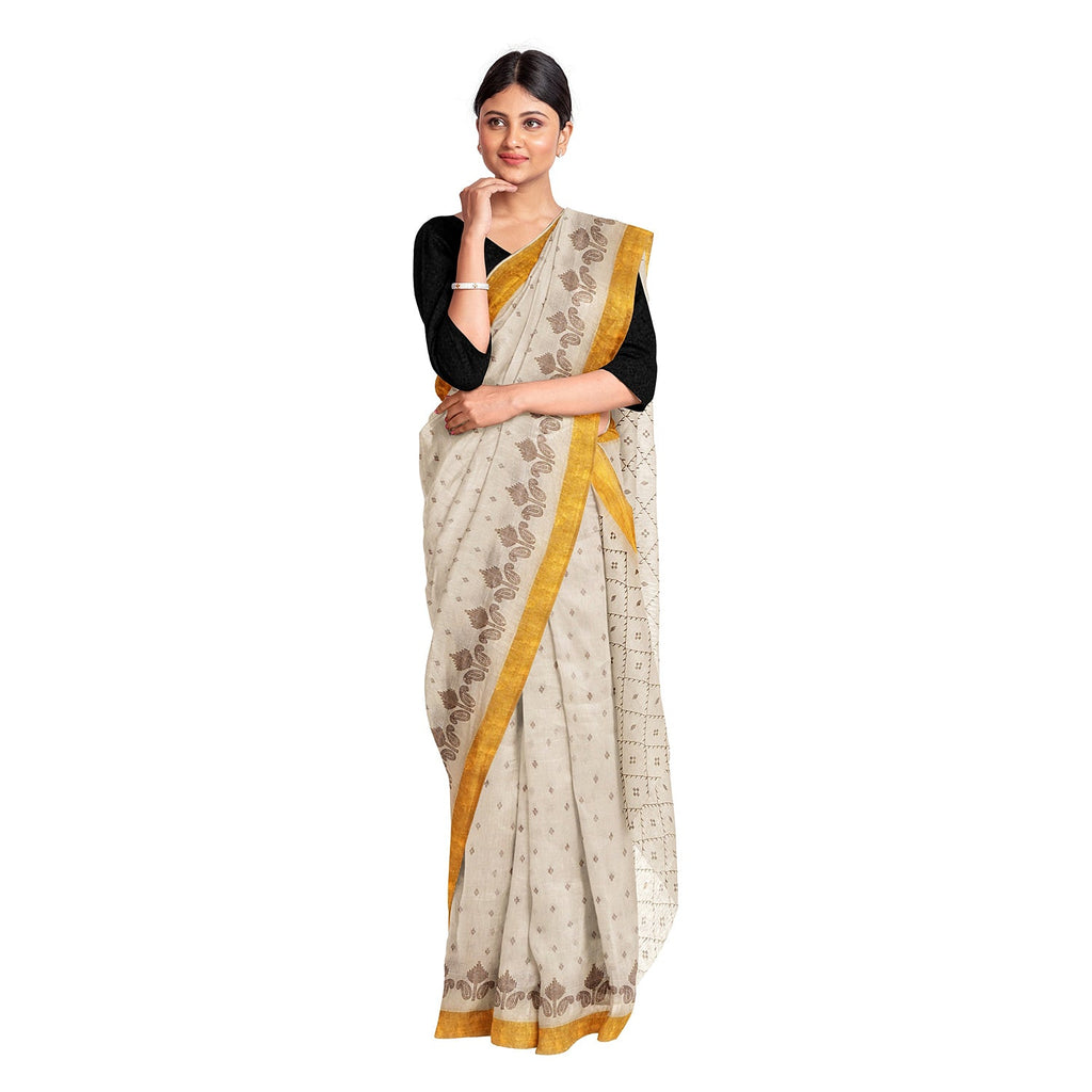 Exclusive Collection 100% Pure Cotton Off White Brown Saree With Printed Work