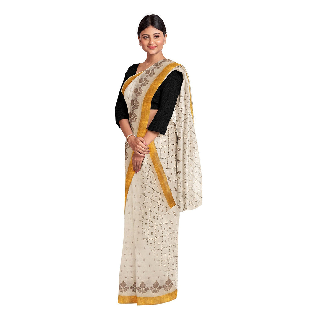 Exclusive Collection 100% Pure Cotton Off White Brown Saree With Printed Work