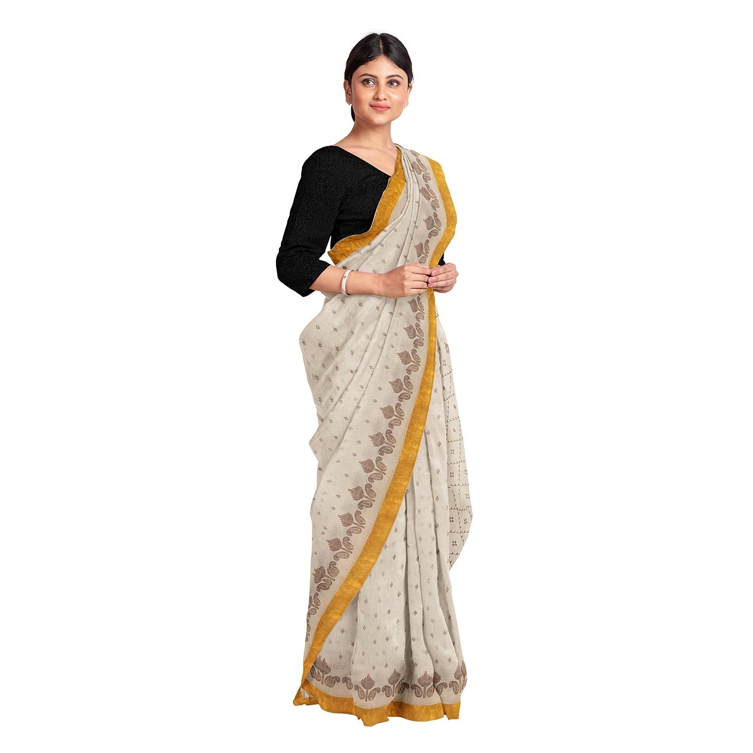 Exclusive Collection 100% Pure Cotton Off White Brown Saree With Printed Work