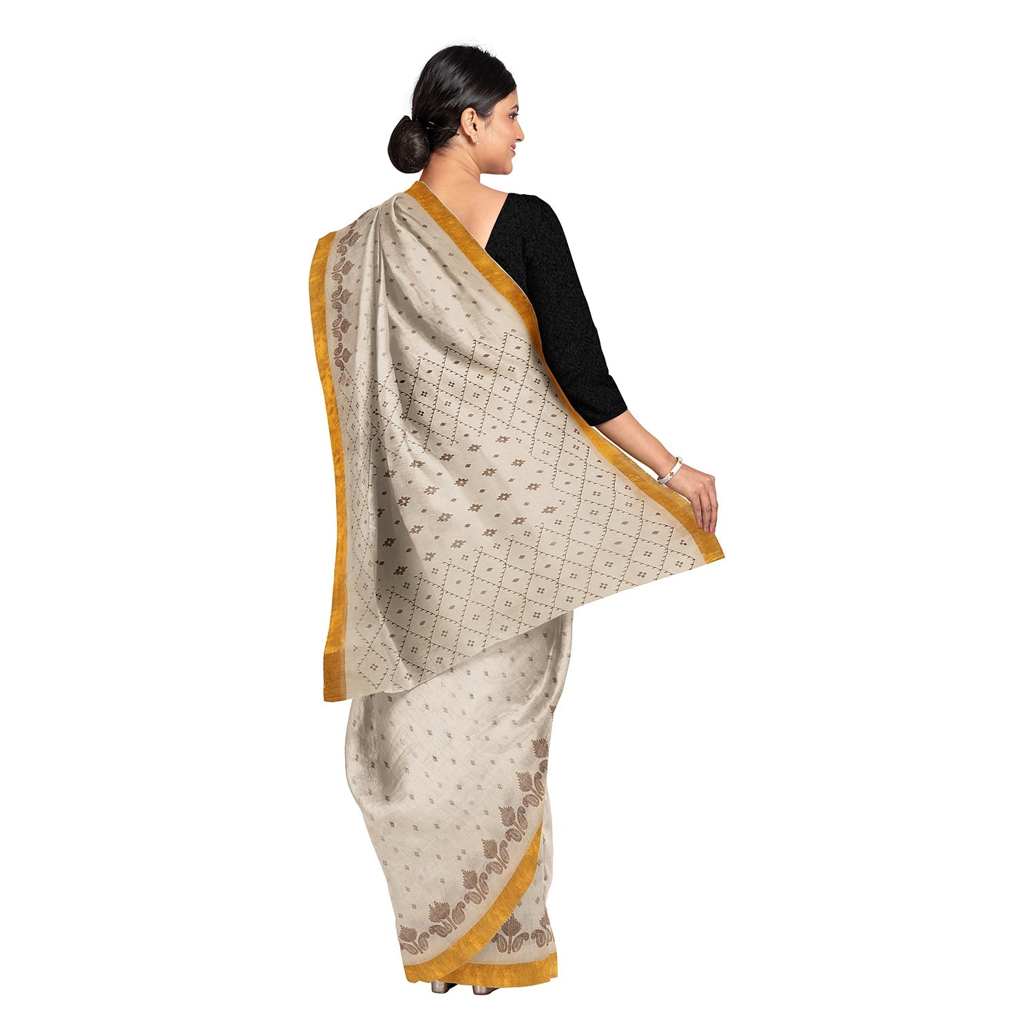 Exclusive Collection 100% Pure Cotton Off White Brown Saree With Printed Work