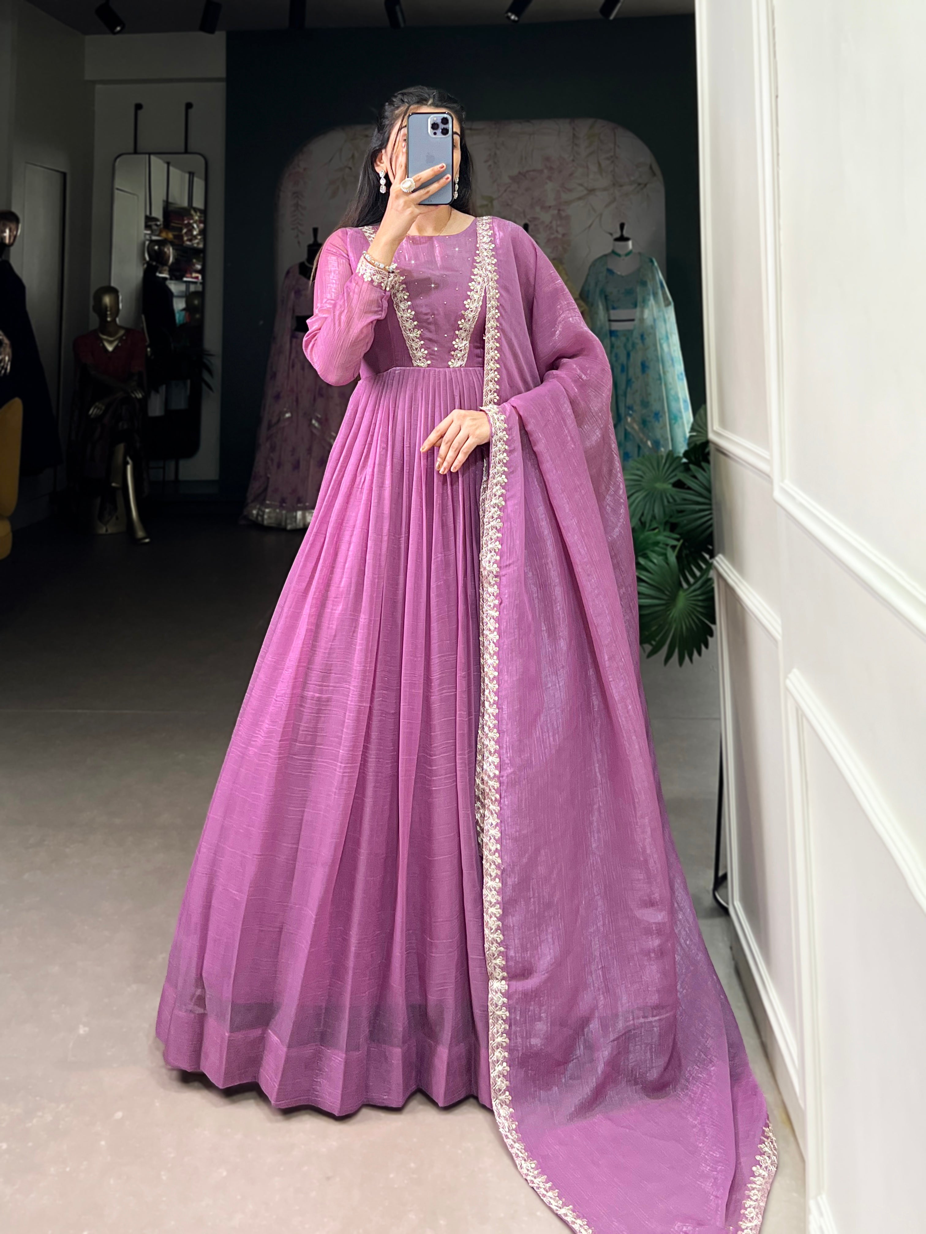 Lorenvalley Lavender Silver Glory Hotfix With Sequins and Thread Embroidery Work Lace Touch Up Gown with Dupatta