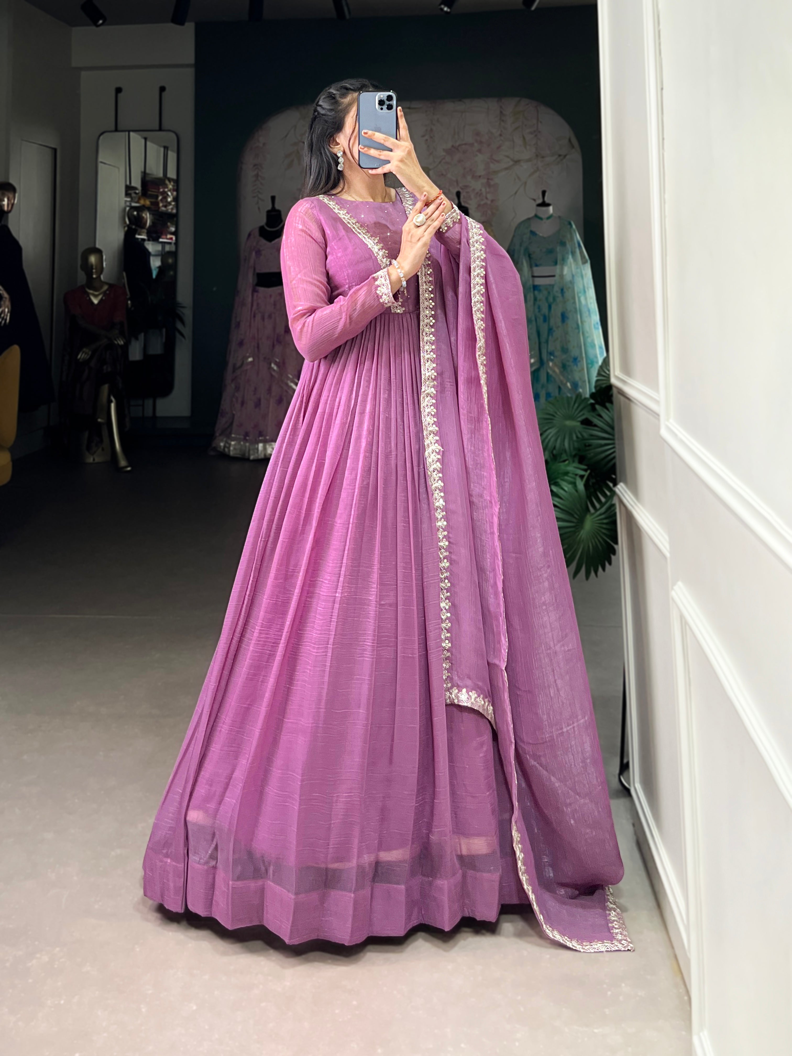 Lorenvalley Lavender Silver Glory Hotfix With Sequins and Thread Embroidery Work Lace Touch Up Gown with Dupatta