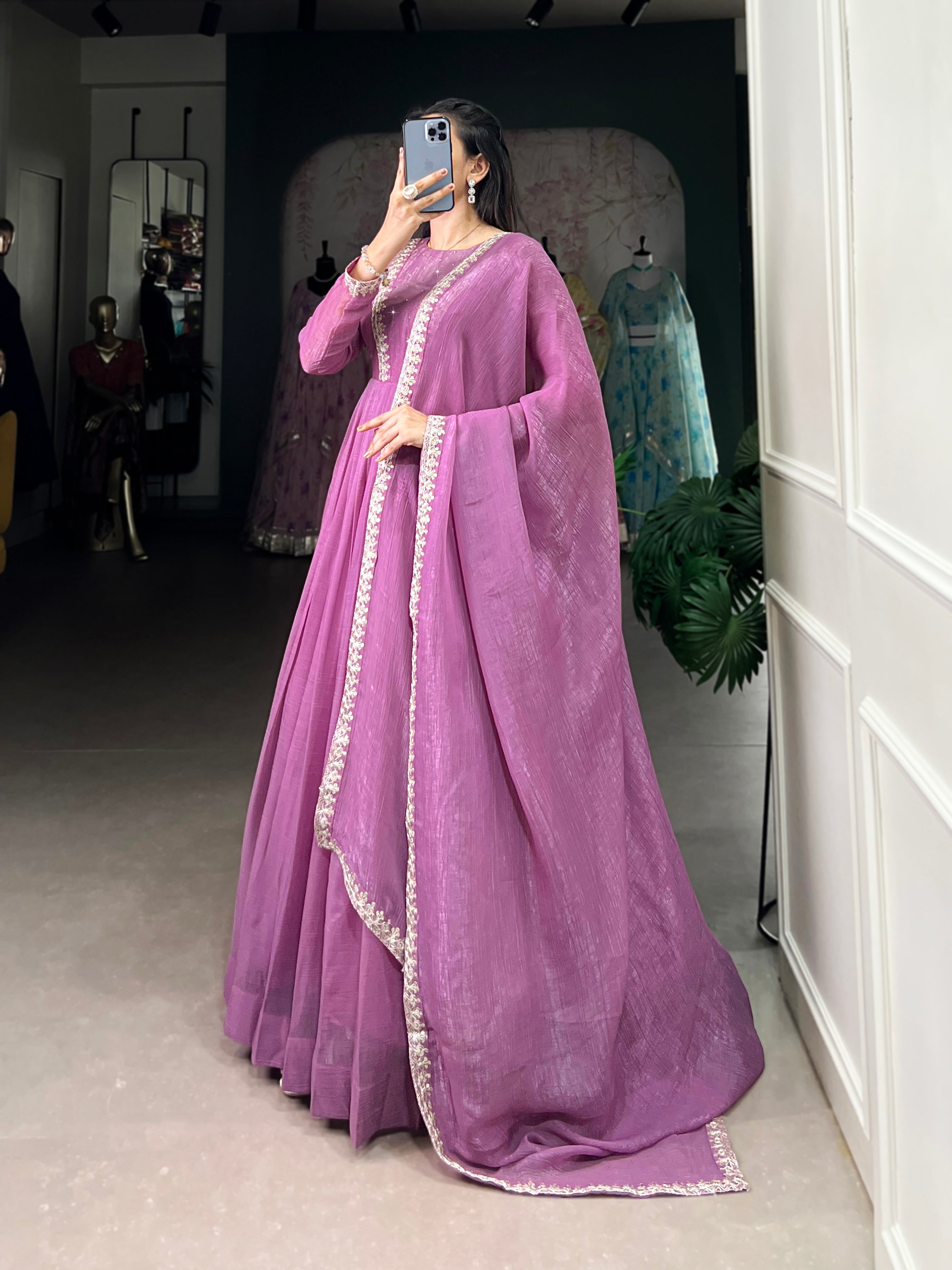 Lorenvalley Lavender Silver Glory Hotfix With Sequins and Thread Embroidery Work Lace Touch Up Gown with Dupatta