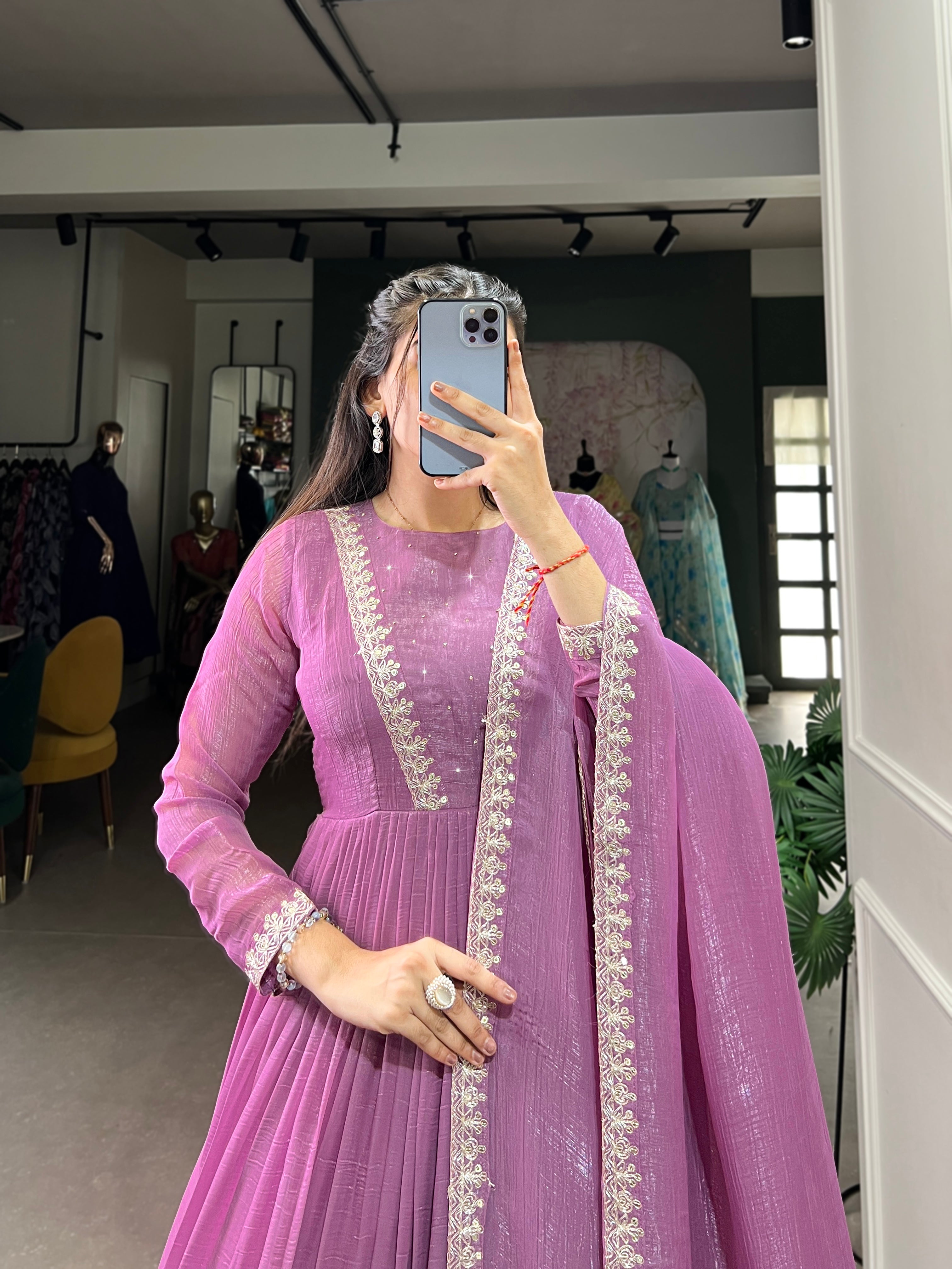 Lorenvalley Lavender Silver Glory Hotfix With Sequins and Thread Embroidery Work Lace Touch Up Gown with Dupatta