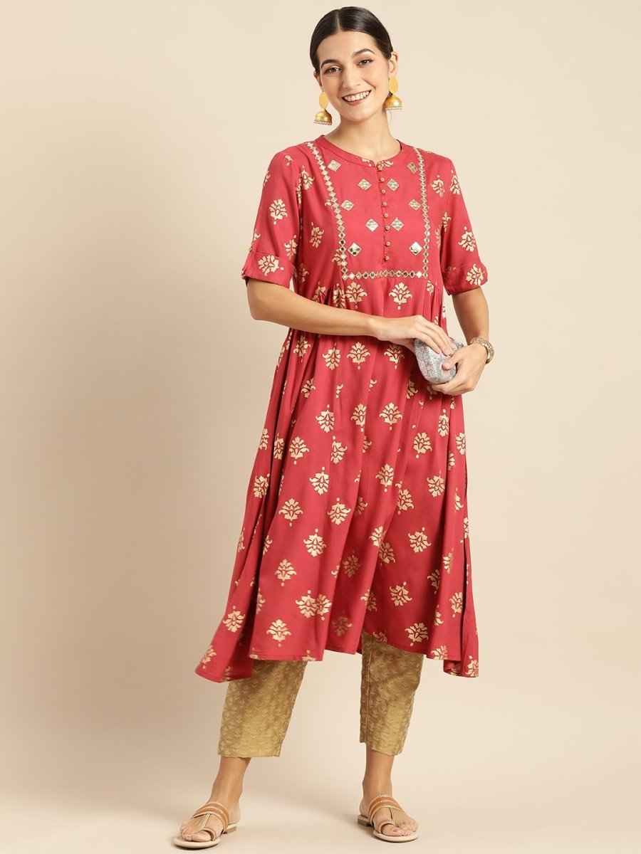 All About You Women Rust & Gold-Toned Ethnic Motifs Printed Mirror Work Kurta