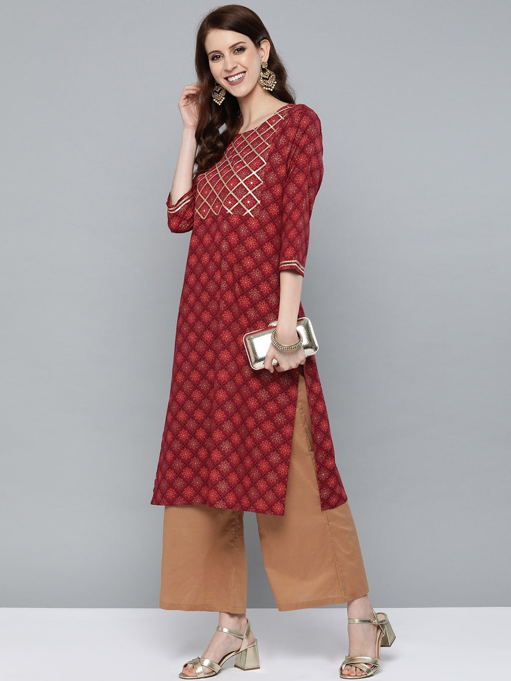 HERE&NOW Women Maroon & Golden Floral Printed Straight Kurta