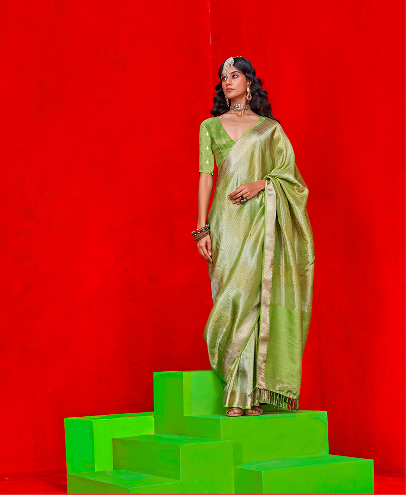 Monjolika Fashion Light Parrot Green Weaving Tissue Zari Classic Saree