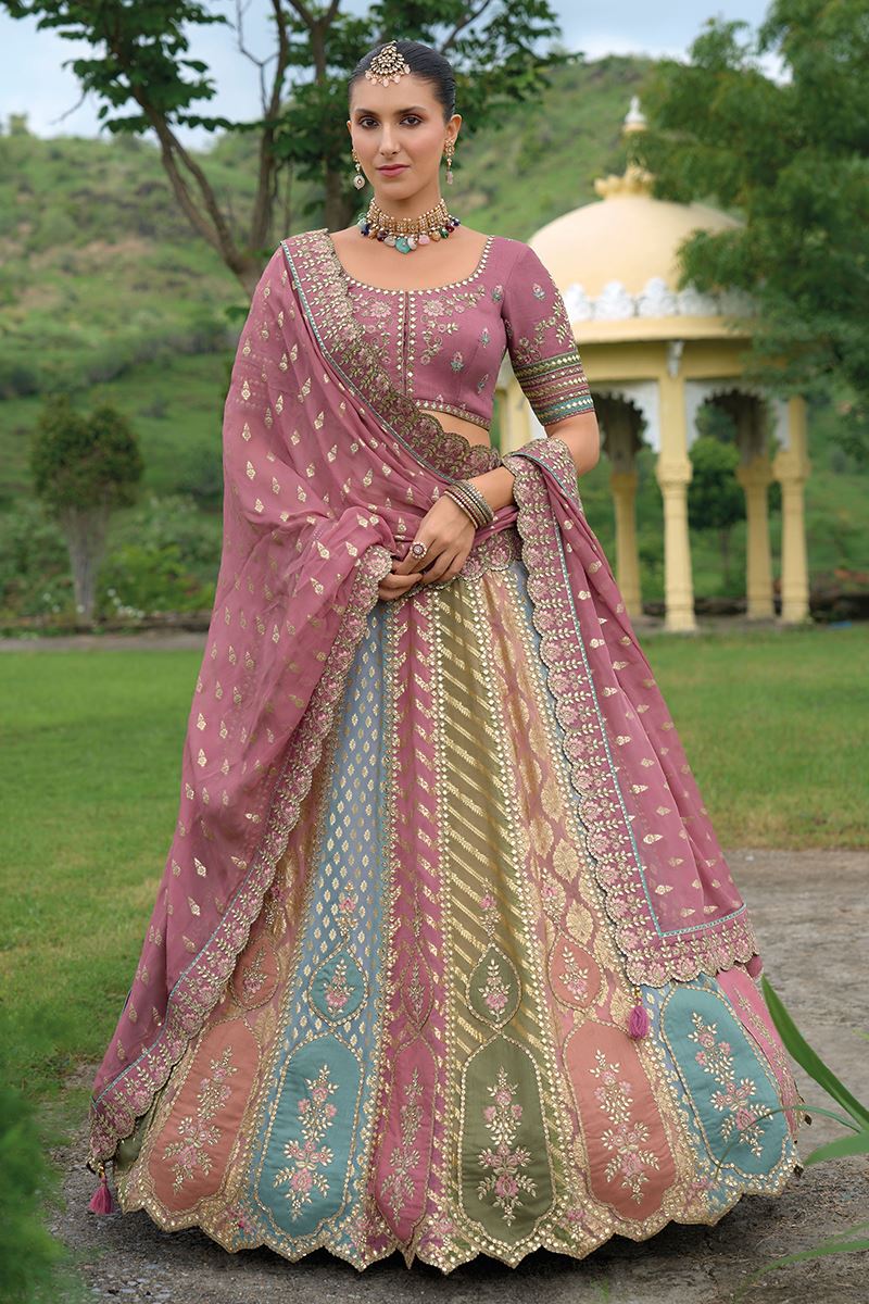 Monjolika Fashion Designer Silk Multi Color Bridal Wear Khatli Work Readymade Lehenga Choli