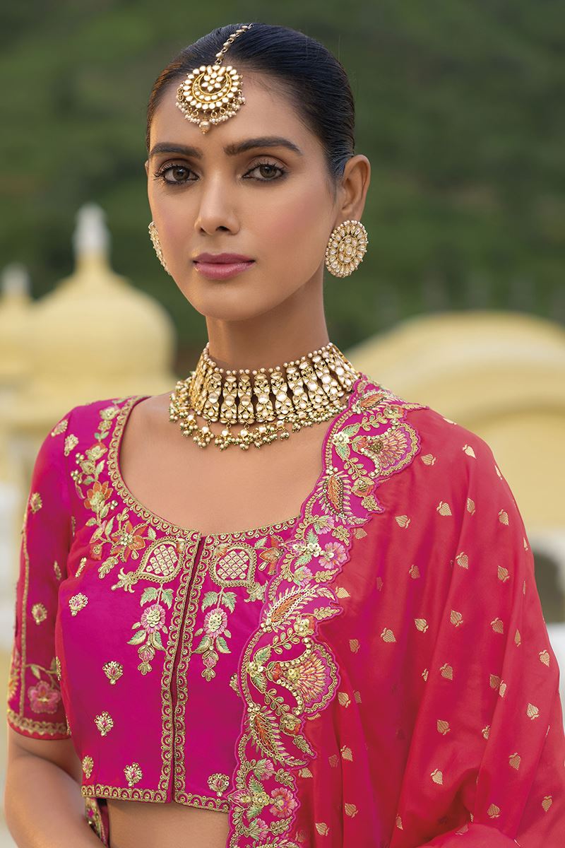 Monjolika Fashion Designer Silk Rani Pink Color Bridal Wear Khatli Work Readymade Lehenga Choli