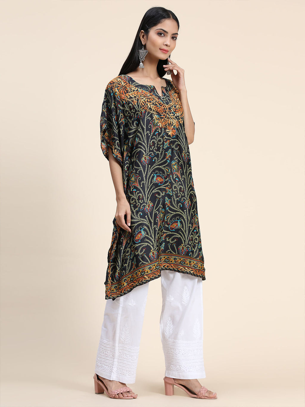 HOUSE OF KARI Ethnic Motifs Printed Chikankari Embroidery Cotton Kaftan Kurta