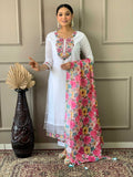 The52 White Woven Embroidered Chanderi Fabric Straight Kurta, Pant and Dupatta Set