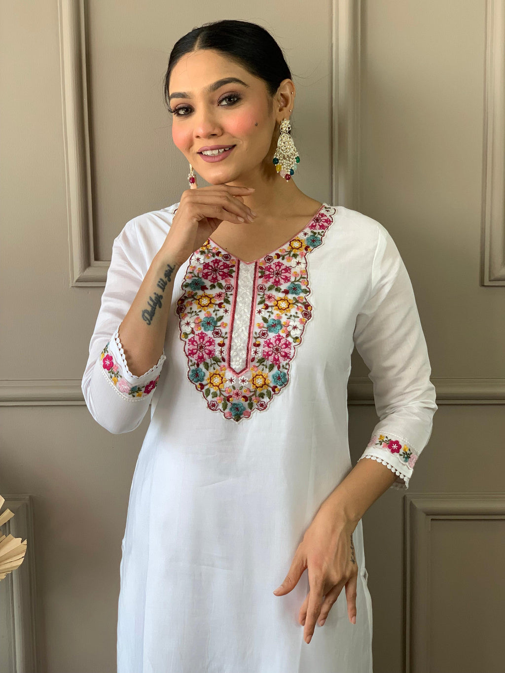 The52 White Woven Embroidered Chanderi Fabric Straight Kurta, Pant and Dupatta Set