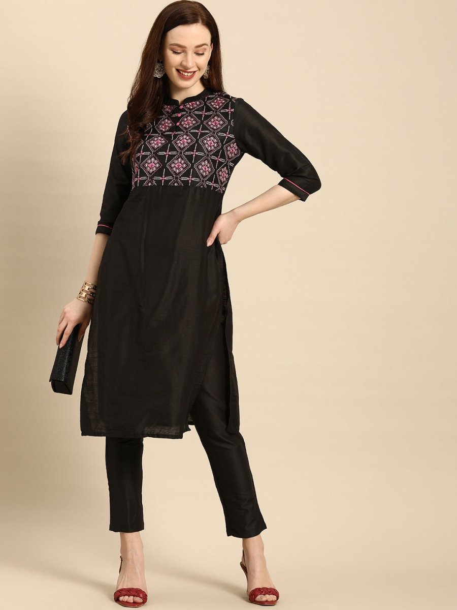 All About You Women Black Embroidered Kurta with Trousers