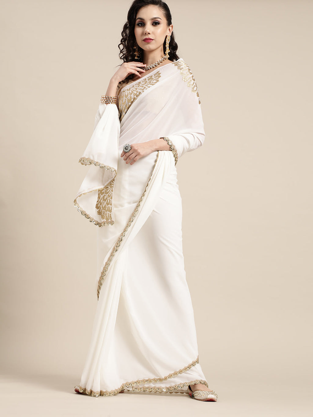 Saree Mall Off White & Golden Ethnic Motifs Saree