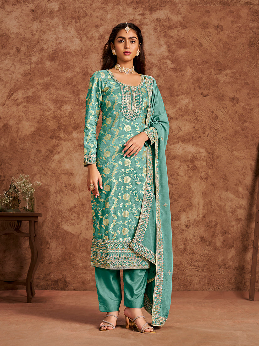 Monjolika Fashion Turquoise Color Embroidered Santoon Silk Salwar Suit