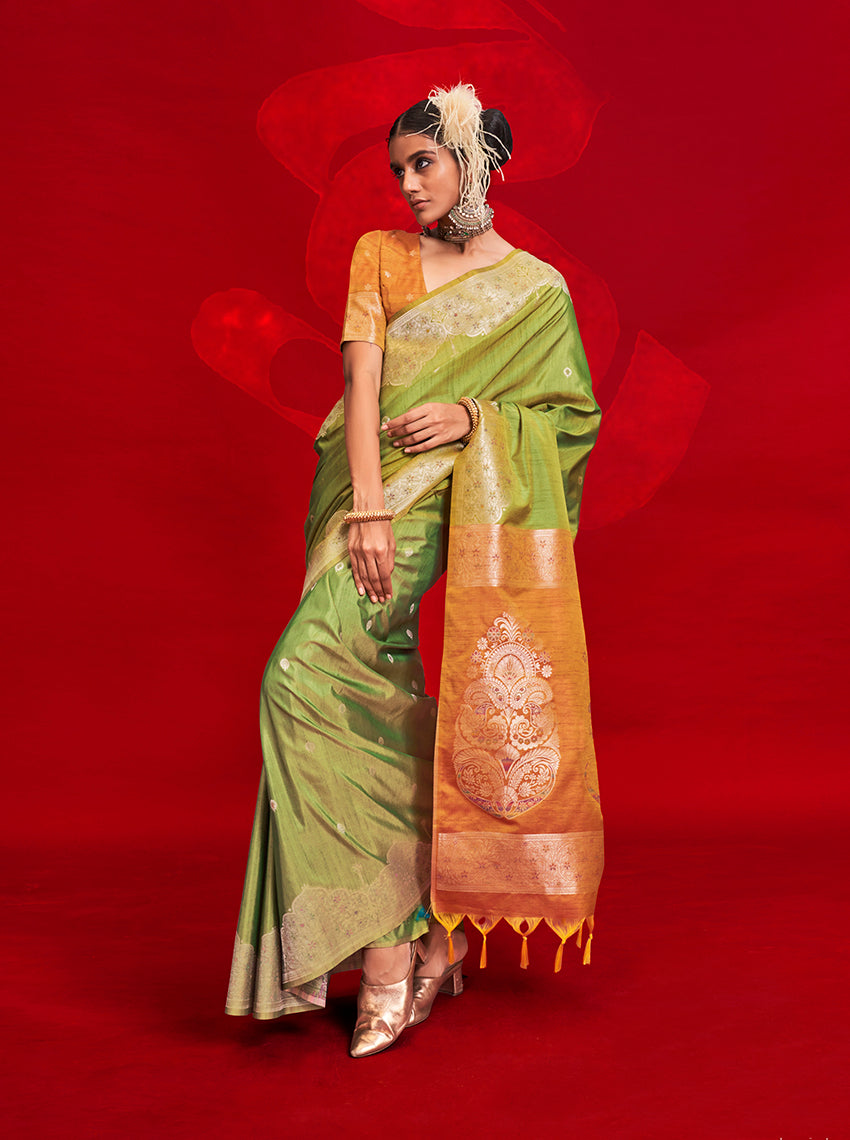 Monjolika Fashion Green Color Weaving Silk Traditional Saree For Classic Look