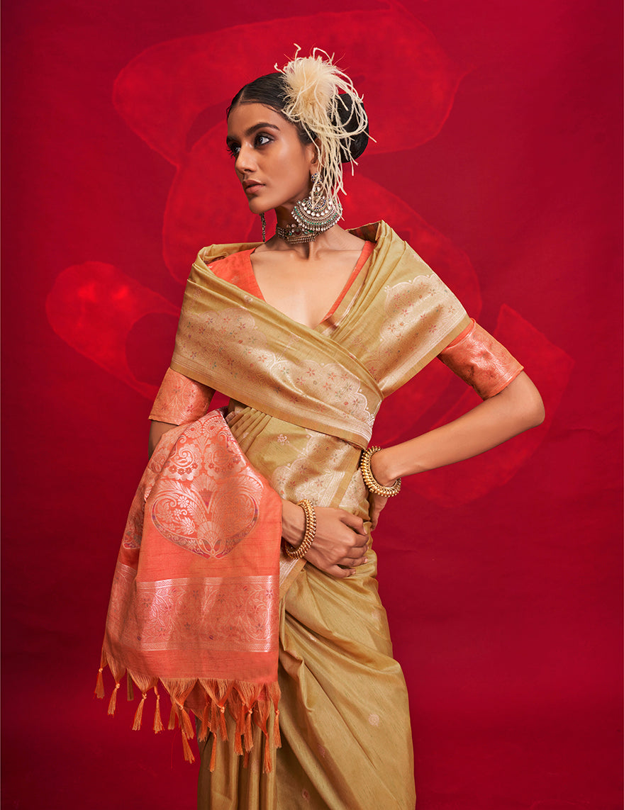 Monjolika Fashion Beige Color Weaving Silk Traditional Saree For Classic Look